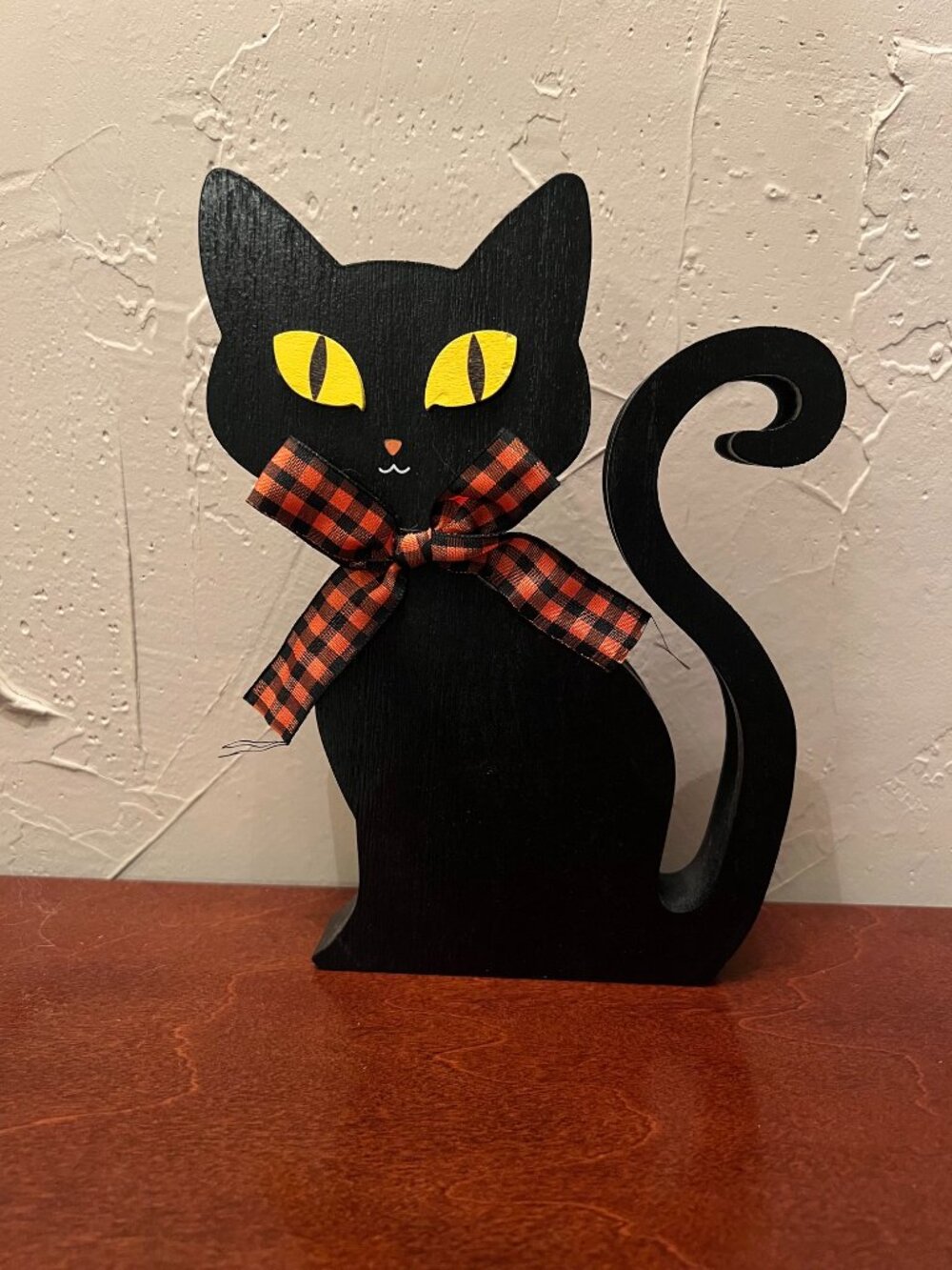 Halloween Black Cat Wooden Tabletop Decor Orange Plaid Bow Spooky Decoration